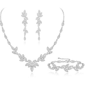 EVER FAITH Cubic Zirconia Bridal Jewelry Set for Bride Bridesmaid, Elegant Marquise Leaf Necklace Dangle Earrings Bracelet Set for Woman