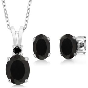 Gem Stone King 925 Sterling Silver Oval Black Onyx and Black Diamond Pendant and Earrings Jewelry Set For Women (2.52 Cttw, Gemstone Birthstone, with 18 Inch Chain)