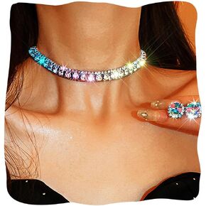 JEAIRTS Colorful Rhinestone Jewelry Set Silver Crystal Choker Necklace Earring Sets Sparkly Rave Prom Jewelry for Women