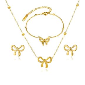 WCRAZYE 4 Pcs Bow Necklace Earrings Bracelet Set for Women 14K Gold Plated Bowknot Chain Necklace Dainty Ribbon Bow Necklace for Christmas Holiday Jewelry