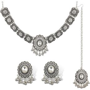 QUELAY 3 Pcs Indian Jewelry Set for Women Indian Traditional Statement Choker Necklace Earrings Forehead Jewelry Gifts Rhinestone Maang Tikka Bridal Jewelry Set