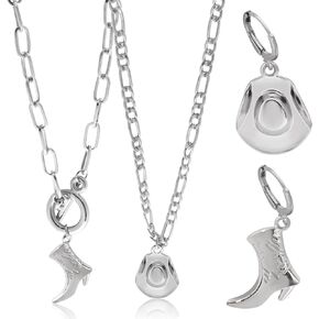 RechicGu Cowgirl Western Necklace Earrings Jewelry Set For Women,Chunky Paperclip Figaro Chain Necklace with Boots Hat Pendant,Boot Hat Drop Dangle Hoop Earrings, Western Country Gift