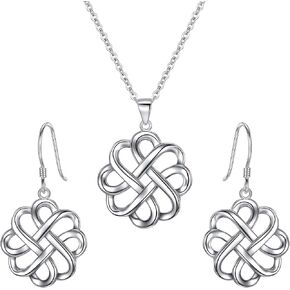 FANZE Women's 925 Sterling Silver Irish Celtic Knot Cross Triquetra Trinity Knot Tree Timeless Geometric Pendant Necklace Earrings Set