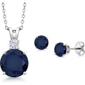 Gem Stone King 6.31 Cttw Round Blue Sapphire and White Moissanite Pendant and Earrings Jewelry Set For Women | 925 Sterling Silver | Gemstone Birthstone | With 18 Inch Chain