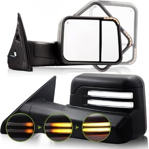 Switchback Towing Mirrors for 2009-2018 Dodge Ram 1500, 2010-2018 Dodge Ram 2500 3500, Ram Classic 2019-2024 Tow Mirrors with Power Heated Dynamic Signal Light Puddle Lamp Extendable Pair Set
