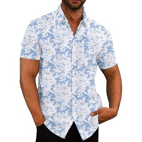 COOFANDY Men Boys Linen Shirts Short Sleeve Button Down Shirts Hawaiian Tropical Shirts
