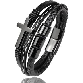 Multi-Layer Braided Leather Bracelets Mens Cross Leather Bracelet Wristband Religious Leather Bracelets Men Customized Gifts for Dad Husband Boyfriend Son
