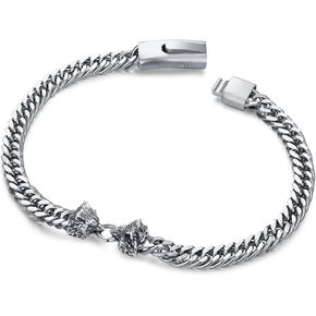 Wolf Bracelet for Men 925 Sterling Silver Wolf Head Cuban Chain Bracelet with Wolf Head Ring Clasp Cuban Chain Link Bracelet Biker Party Jewelry Gift