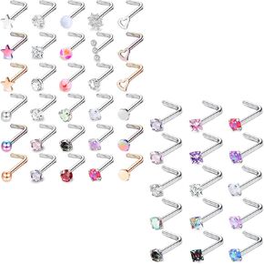 MILACOLATO 45Pcs 18G Nose Rings Studs for Women Men 316L Stainless Steel Nose Piercings Jewelry L Shaped Nose Rings Cubic Zirconia Opal Nose Studs Hypoallergenic