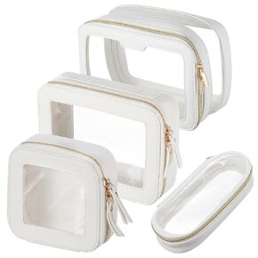 4 Pcs Clear Makeup Bags for Women Travel Cosmetic Case Leather Toiletry Bags Makeup Brush Bag Waterproof White Makeup Organizer Storage Bag for Women Men