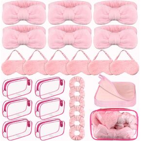 30 Pcs Spa Sleepover Party Supplies 6 Bow Makeup Headband 6 Pink Plush Sleep Eye Mask 6 Velvet Scrunchies 6 Makeup Remover Cloth 6 Clear Cosmetic Bags for Women Slumber Party Favors