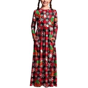BesserBay Christmas Girls Plaid Long Sleeve Maxi Dress with Side Pockets 5-14 Years