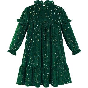 ODASDO Kids Velvet Dress Long Sleeve Ruffle Collar Shiny Star Print Princess A-line Dress for Christmas Party Holiday