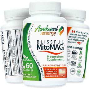 Blissful MitoMag – 300mg Elemental Magnesium Complex: Mg Glycinate, Mg BHB - Sleep Muscles Mood Energy Cognitive Focus Calm – All Natural, USA Made, No Additives – 60 Vegan Capsules Supplement