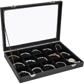 Polmart 15-Grid Jewelry Organizer/Storage/Display Case with Acrylic Lid, Black Velvet