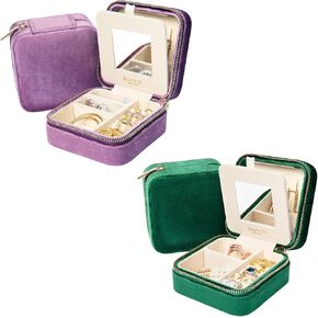 BLUTETE Travel Jewelry Box Organizer Velvet Travel Case With Mirror Ring Earrings Necklaces Storage Organizer Box-Set of 2- Purple, Forest Green