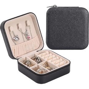 Travel Jewelry Box Small Jewelry Organizer Multi-functional Mini Travel Case Holder for Girls Women Stud Earrings, Rings, Necklaces, Pendant, Bracelets Storage, 1PC Black