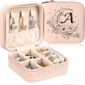 RUMIA Personalized Jewelry Box Pink Initial M Small Travel Jewelry Case for Girls Women Teen Christmas Gifts Portable Mini Jewelry Holder Organizer for Xmas Birthday Graduation Bridesmaid Party Favor