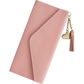 Trifold Wallet for Women, Long Slim Women’s Wallet Clutch with Heart Pendant Tassel, PU Leather Women's Wallets Card Holder, Coin Slot (Black)