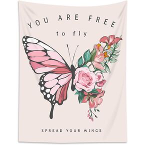 EOBTAIN Pink Butterfly Tapestry Wall Hanging Spring Flower Green Leaf Botanical and Floral Motivational Quotes Aesthetic Vertical Retro Tapestry for Bedroom Living Room Indie Wall Decor,40Wx60H inch