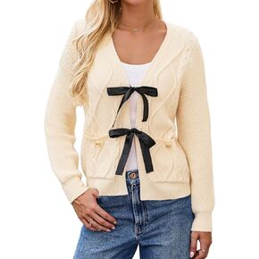 BMJL Womens Cardigan Sweater Cropped Tie Front Bow Sweaters Cable Knit Long Sleeve Trendy Clothes 2024