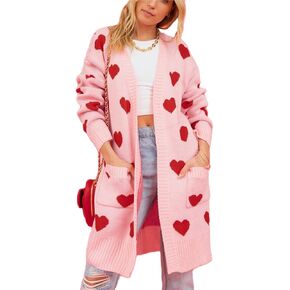 Valentine's Day Womens Cardigan Sweaters Love Heart Print Open Front Cardigans Y2K Button Knitted Sweater Outerwear