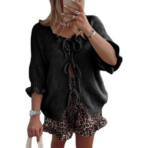 Women's 3/4 Sleeve Tie Front Cardigan Sweaters Lightweight Crew Neck Loose Bow Knit Sweater Tops