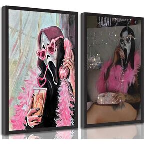2Pcs Halloween Ghosts Mask Wall Art Modern Pink Academic Gothic Romantic Ghost Wall Decor Pictures Horror Funny Preppy Canvas Posters Prints for Corridor Restroom Toilet Bedroom Decoration Unframed (Poster, 12x16in)