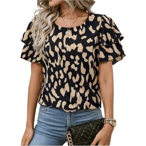 MakeMeChic Women's Allover Print Flutter Short Sleeve V Neck Blouse Shirt Top