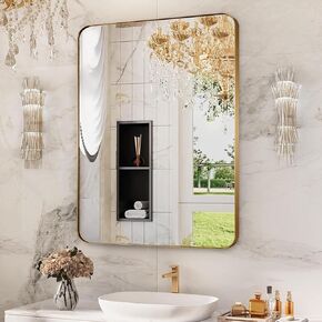 Gold Bathroom Mirrors, 22x30 Modern Wall Mirror for Bathroom with Rounded Corner, Metal Frame Vanity Mirror, Well Made Sleek Mirrors, Easy to Install, Hangs Horizontally or Vertically