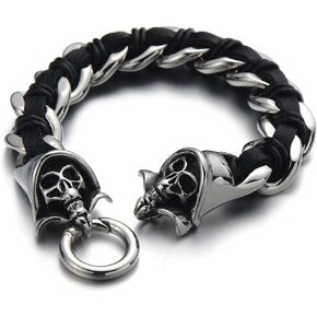 COOLSTEELANDBEYOND Stainless Steel Mens Skull Curb Chain Bracelet Interwoven with Black Genuine Braided Leather