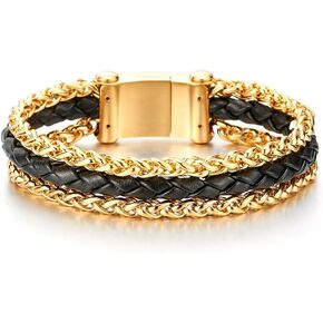 COOLSTEELANDBEYOND Mens Steel Gold Color Wheat Chain and Black Braided Leather Bracelet with Magnetic Clasp, Three-Row