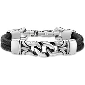 Metro Jewelry Stainless Steel and Genuine Leather with Floral Design Bracelet for Men 15 mm wide 9 Inches Long with Lobster Claw