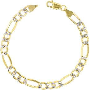 Nuragold 10k Yellow Gold 7mm Figaro Chain Link Diamond Cut Pave Two Tone Bracelet, Mens Jewelry 8" 8.5" 9"