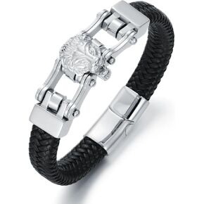 Lion Bracelet for Men Black GenuineLeather Braided Lion Bracelet Stainless Steel Lion Jewelry Birthday Gift for Husband Boyfriend（9 inches）