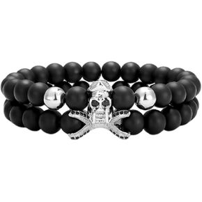 Skull Beaded Bracelet 8MM Glazed Beads Men's Stretch Bracelet Punk Gift for Him
