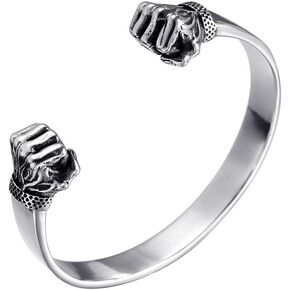 Men's Stainless Steel 18MM Vintage Punk Skull Hands Gothic Double Boxing Fitness Open Hip Hop Fist Power Bracelet Silver Plated