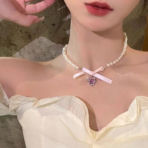 Bow Heart Pendant Pearl Necklace for Women Cute 14k Gold Plated Heart Pearl Adjustable Choker Fashion Accessories Jewelry in Saudi Arabia