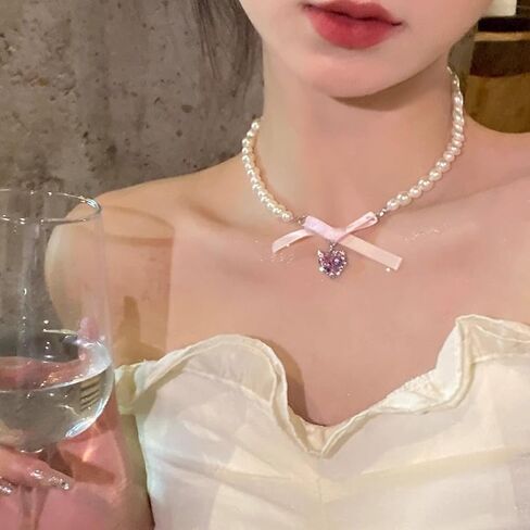 Bow Heart Pendant Pearl Necklace for Women Cute 14k Gold Plated Heart Pearl Adjustable Choker Fashion Accessories Jewelry in Saudi Arabia