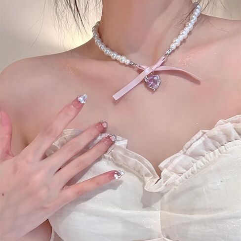 Bow Heart Pendant Pearl Necklace for Women Cute 14k Gold Plated Heart Pearl Adjustable Choker Fashion Accessories Jewelry in Saudi Arabia