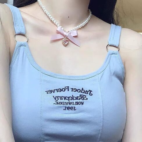 Bow Heart Pendant Pearl Necklace for Women Cute 14k Gold Plated Heart Pearl Adjustable Choker Fashion Accessories Jewelry in Saudi Arabia