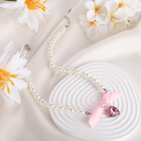 Bow Heart Pendant Pearl Necklace for Women Cute 14k Gold Plated Heart Pearl Adjustable Choker Fashion Accessories Jewelry in Saudi Arabia