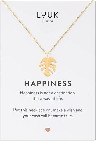 LUUK LIFESTYLE Stainless steel necklaces for women with pendant, trendy jewelry card with Happiness saying, lucky charm, friendship gift, women's jewellery, trendy gift idea for her, silver, gold and rose in Kuwait