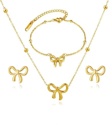 WCRAZYE 4 Pcs Bow Necklace Earrings Bracelet Set for Women 14K Gold Plated Bowknot Chain Necklace Dainty Ribbon Bow Necklace for Christmas Holiday Jewelry in Kuwait