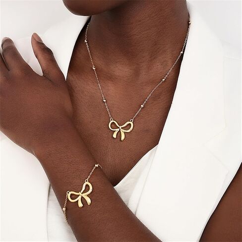 WCRAZYE 4 Pcs Bow Necklace Earrings Bracelet Set for Women 14K Gold Plated Bowknot Chain Necklace Dainty Ribbon Bow Necklace for Christmas Holiday Jewelry in Kuwait