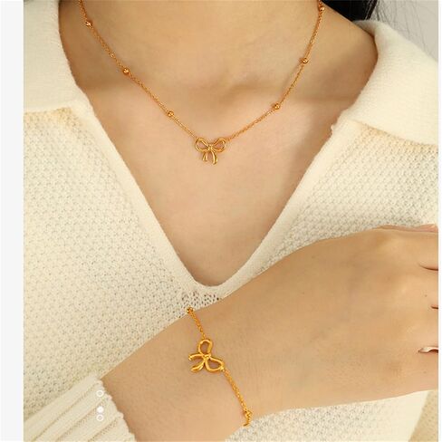 WCRAZYE 4 Pcs Bow Necklace Earrings Bracelet Set for Women 14K Gold Plated Bowknot Chain Necklace Dainty Ribbon Bow Necklace for Christmas Holiday Jewelry in Kuwait