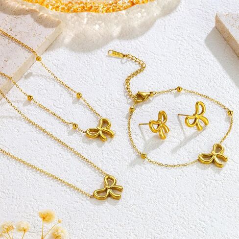 WCRAZYE 4 Pcs Bow Necklace Earrings Bracelet Set for Women 14K Gold Plated Bowknot Chain Necklace Dainty Ribbon Bow Necklace for Christmas Holiday Jewelry in Kuwait