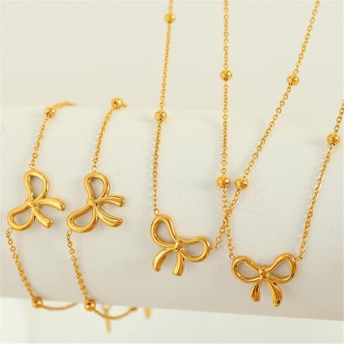WCRAZYE 4 Pcs Bow Necklace Earrings Bracelet Set for Women 14K Gold Plated Bowknot Chain Necklace Dainty Ribbon Bow Necklace for Christmas Holiday Jewelry in Kuwait