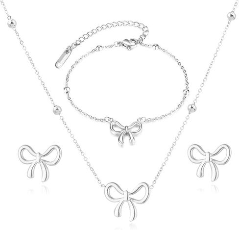 WCRAZYE 4 Pcs Bow Necklace Earrings Bracelet Set for Women 14K Gold Plated Bowknot Chain Necklace Dainty Ribbon Bow Necklace for Christmas Holiday Jewelry in Kuwait