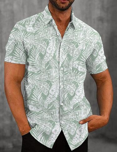 COOFANDY Men Boys Linen Shirts Short Sleeve Button Down Shirts Hawaiian Tropical Shirts in Kuwait